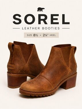 Sorel Leather Ankle Boots Brown Block Heel Chelsea Booties 8.5
'